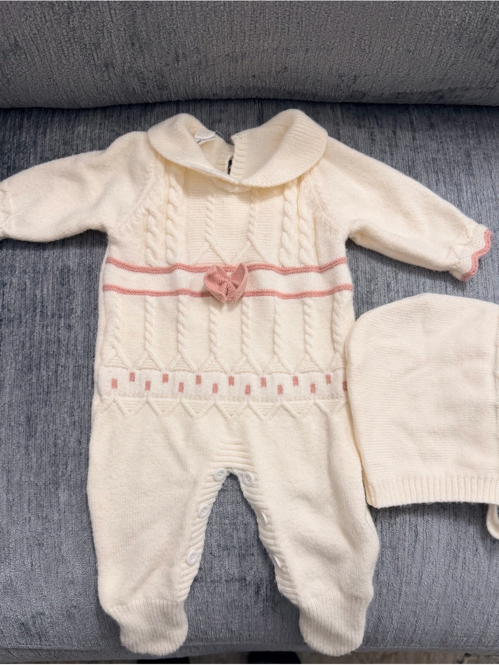SHEIN Cream Knit Footie with Pink Trim and Bow